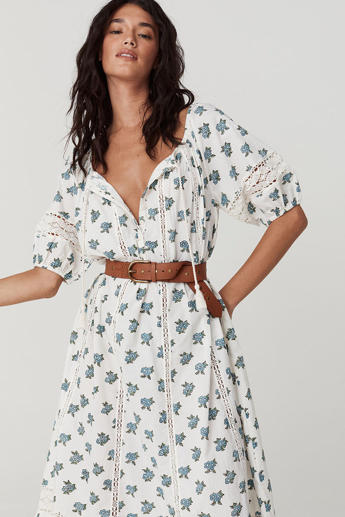 Front view of Fable Block Printed Midi Dress, blue floral print with lace inserts and cotton rope ties visible