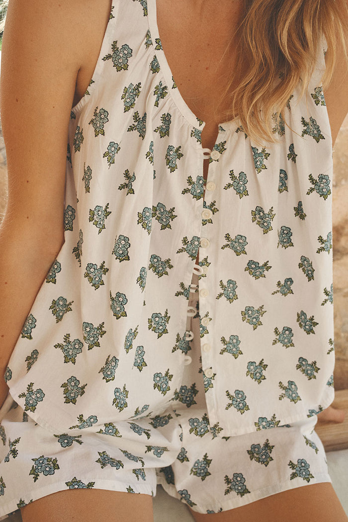 Back view of floral cami top with button placket detail, paired with matching shorts in Wild Poppy print