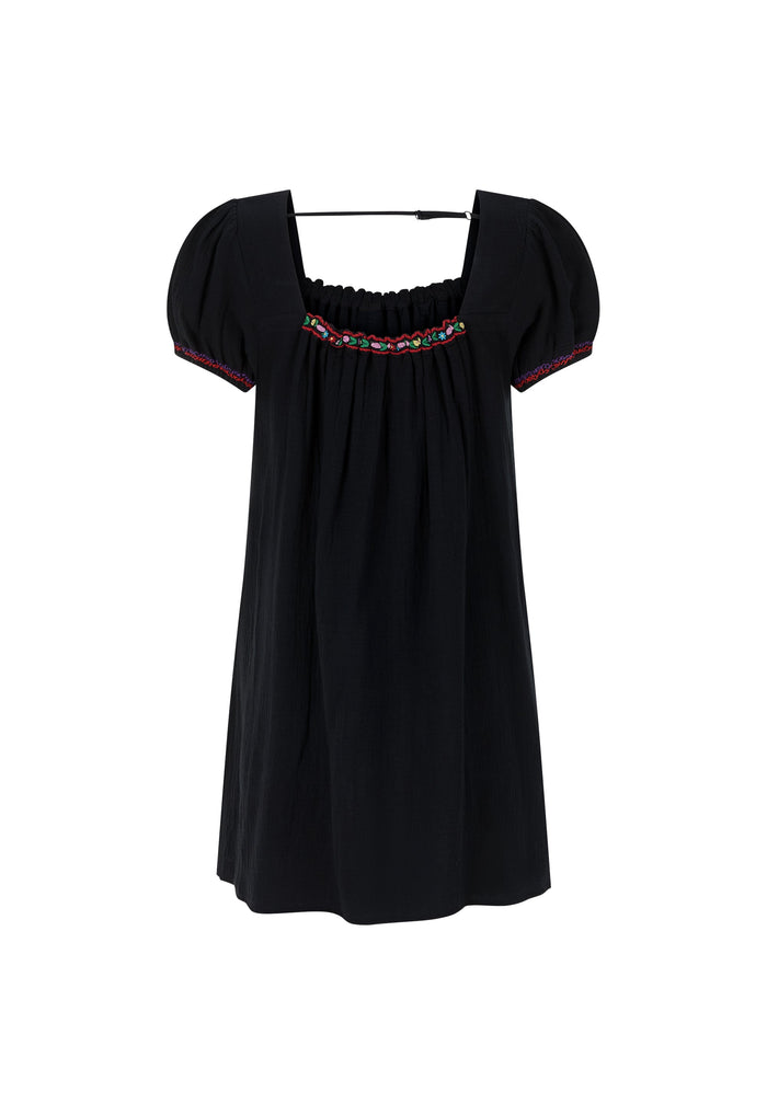 A black short-sleeve dress with puff sleeves and a smocked bodice, featuring a colorful embroidered band around the neckline, shown against a plain white background.