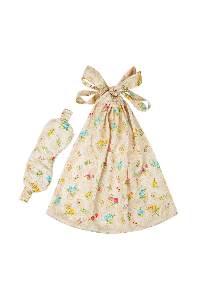 Fleur robe and eye mask set in Macaroon laid flat, cream floral print with bow tie detail, white background