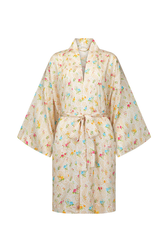 Fleur Robe in Macaroon laid flat on white, showing paisley floral print and tie belt detail