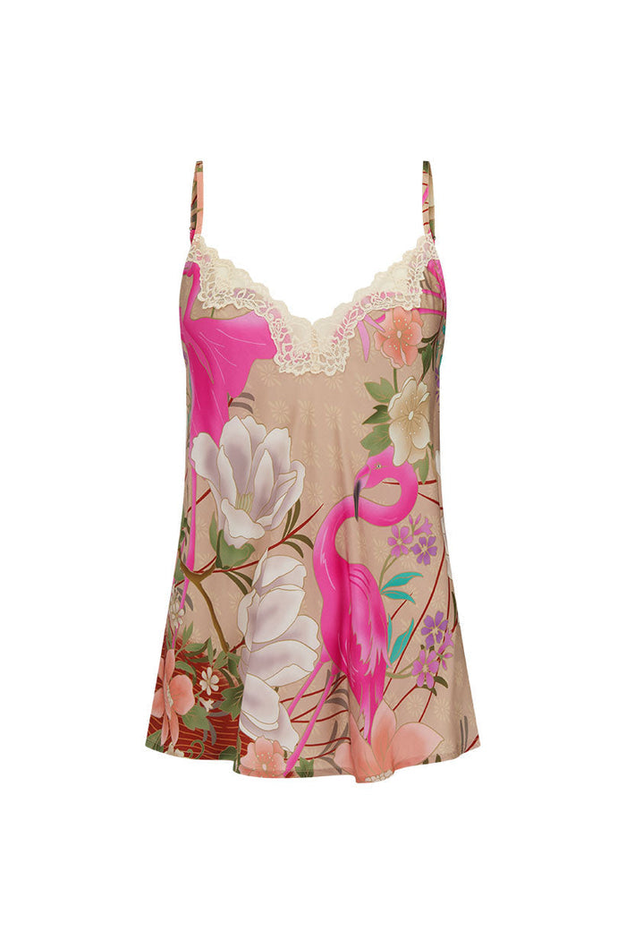 Front flat lay of Floridian Lace Cami, coral flamingo floral print with cream lace-trim neckline and adjustable straps