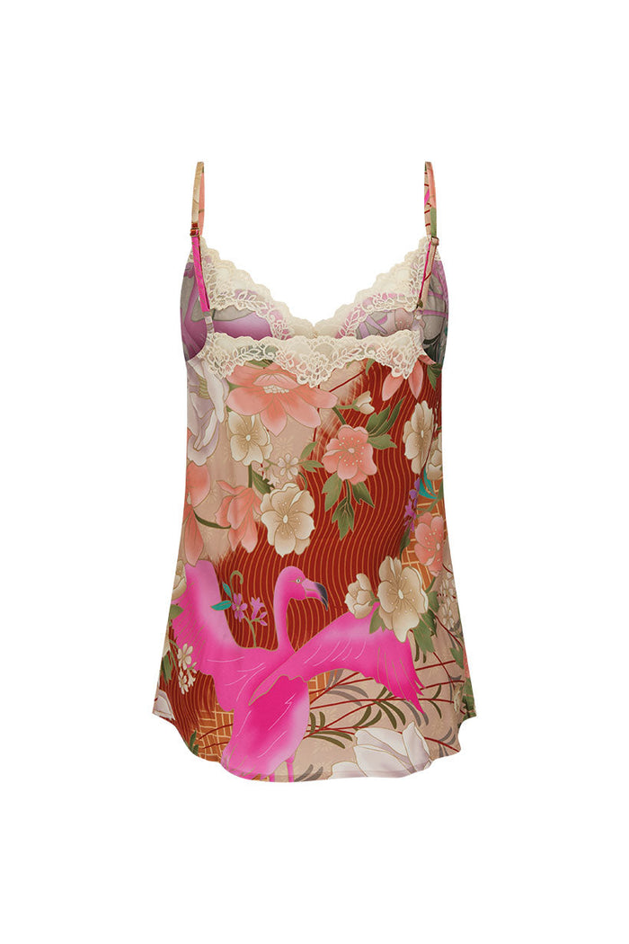 Floridian Lace Cami Coral flat lay back view, flamingo floral print, lace-trim neckline, adjustable straps