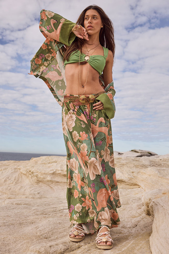 Floridian Maxi Skirt in Sage, front view flat lay showing elastic waist and flamingo floral allover print