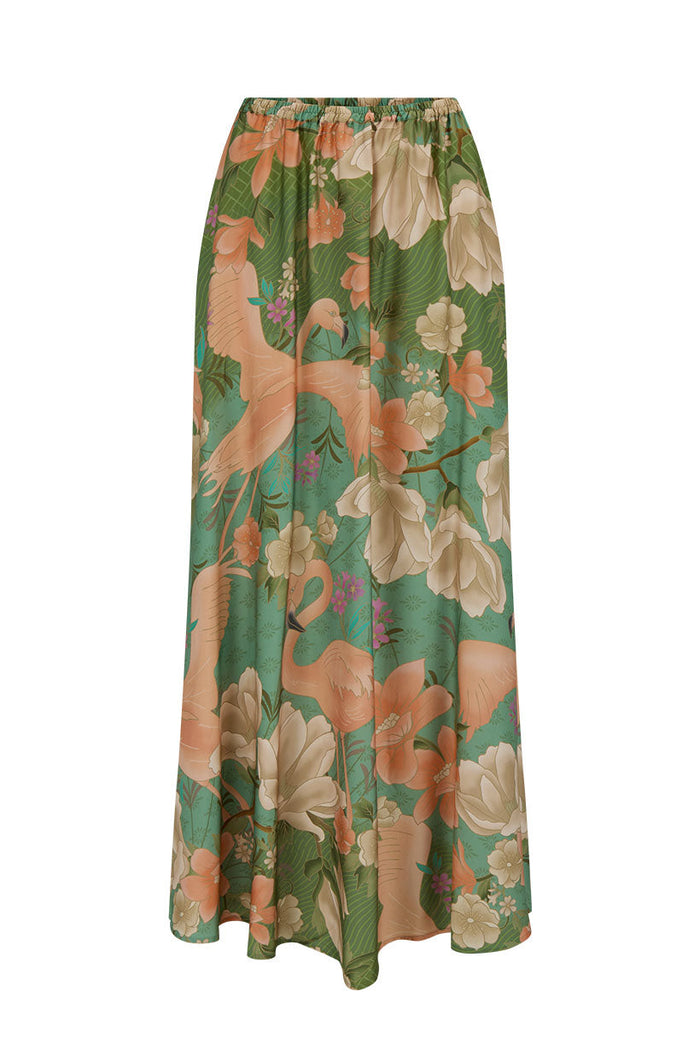 Front flat lay of Floridian Maxi Skirt in Sage, flamingo floral print, elastic waist, maxi length, white background
