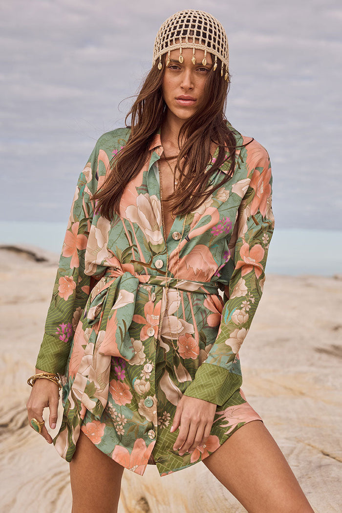 Floridian Shirt Dress Sage flat lay, sage green floral print, button-front, shirt collar, sleeve tab detail