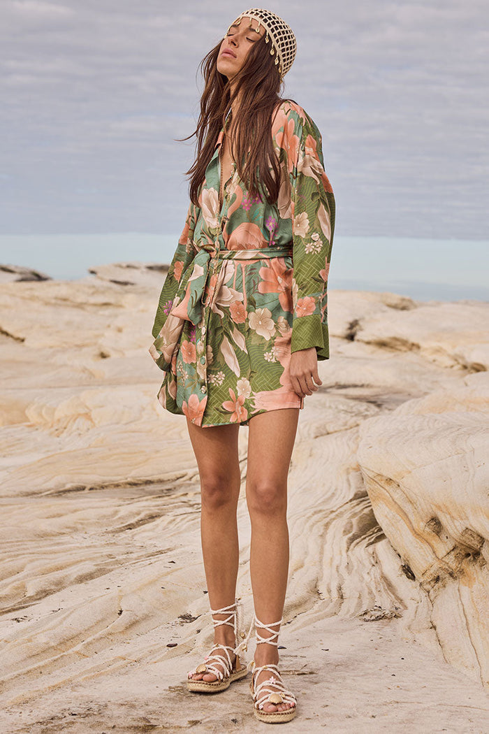 Front view of Floridian Shirt Dress in Sage, green floral print, button-front, shirt collar, sleeve tab detail