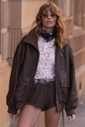 Spell women's Fontaine Leather Mini Short in Vintage Brown, elastic waist with side lacing, micro length