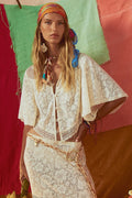 Spell women's Free Love Lace Crop top in Vintage Cream with corozo buttons and wide-hem sleeves