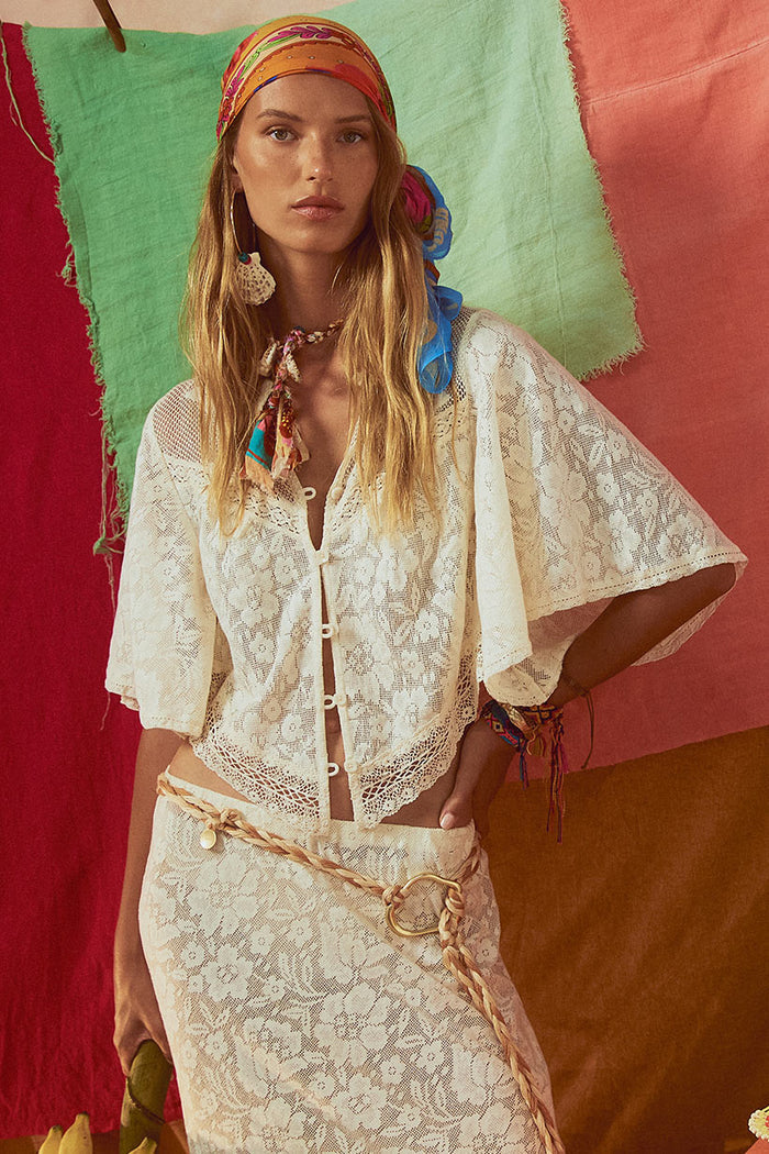 Spell women's Free Love Lace Crop top in Vintage Cream with corozo buttons and wide-hem sleeves