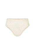 Cream lace high-waisted brief with floral lace pattern and lace-trimmed waist and leg, flat lay on white