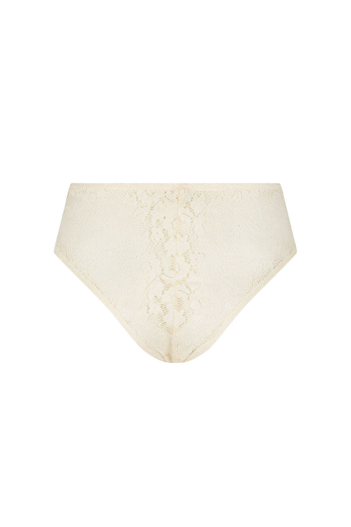 Cream lace high-waisted brief laid flat, back view showing floral lace and center seam detail