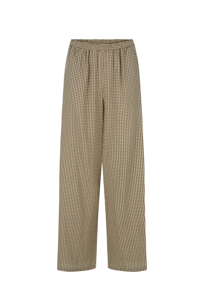 A pair of wide-leg trousers in a beige and brown small-scale checkered pattern, shown against a plain white background.