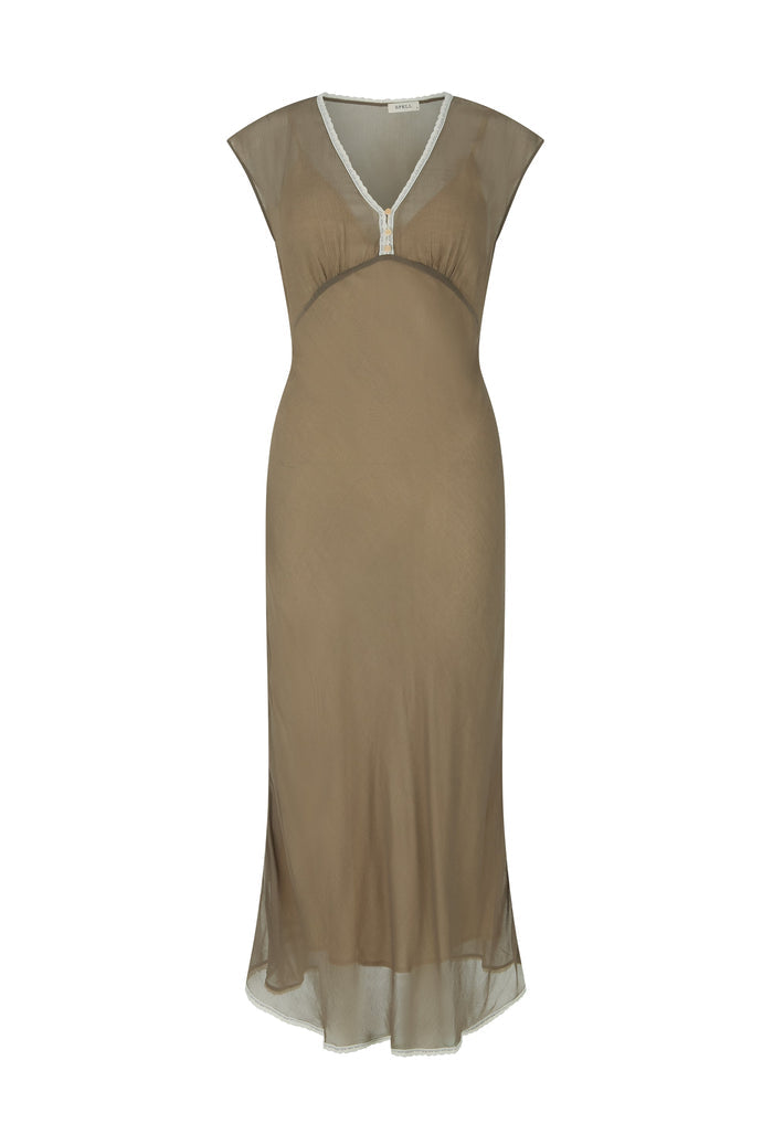 A sleeveless taupe-brown midi dress with a V-neckline and a thin white trim accent, shown against a plain white background.
