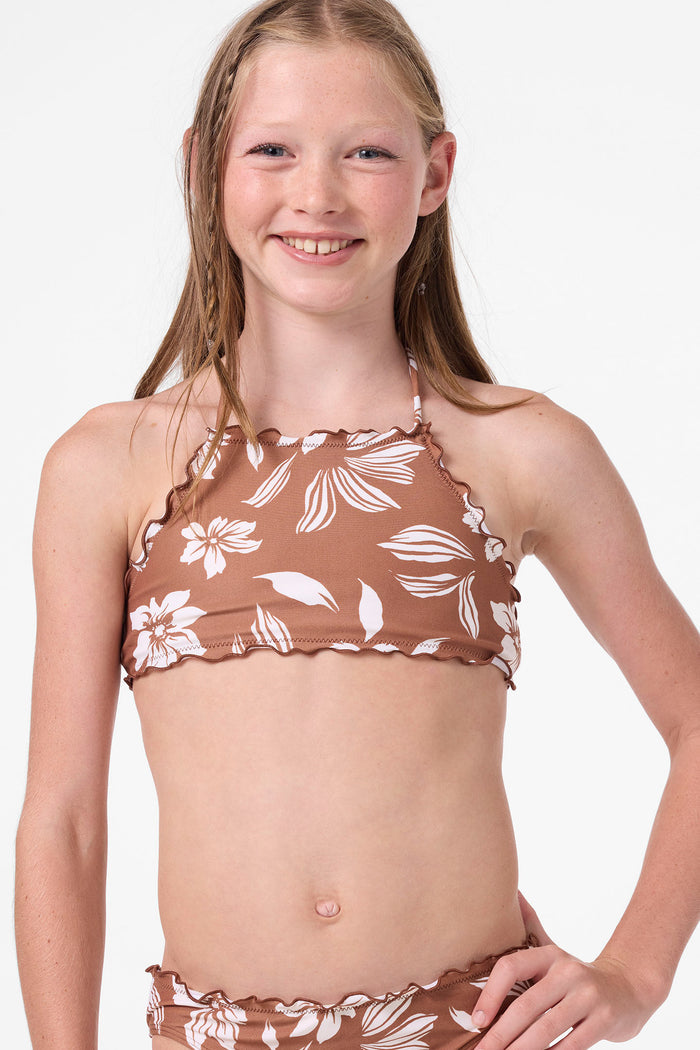 Girl's Nomad Floral Ruffle Edge High Neck Set - Carob Brown | O'Neill