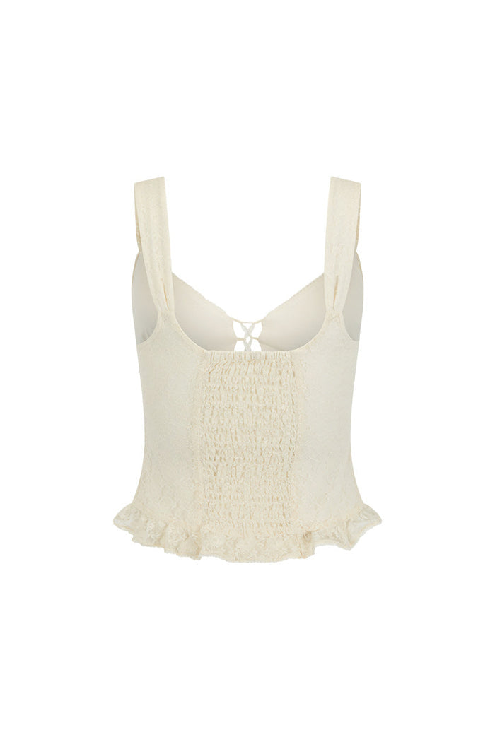 Back flat lay of Glastonbury Lace Cami in Antique White showing back shirring, frill hem, and lacing detail