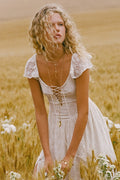 Spell women's Glastonbury Lace Midi Dress in Antique White, recycled lace with front lacing detail