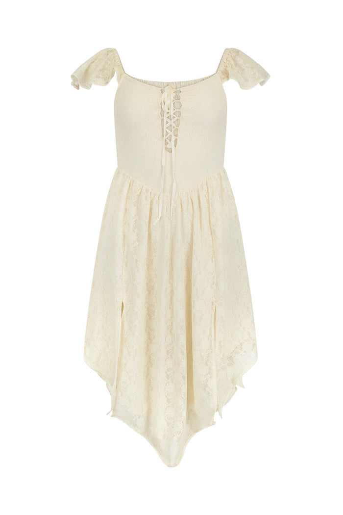 Glastonbury Lace Dress antique white flat lay, front view showing lace fabric, flutter straps and V-shape hem