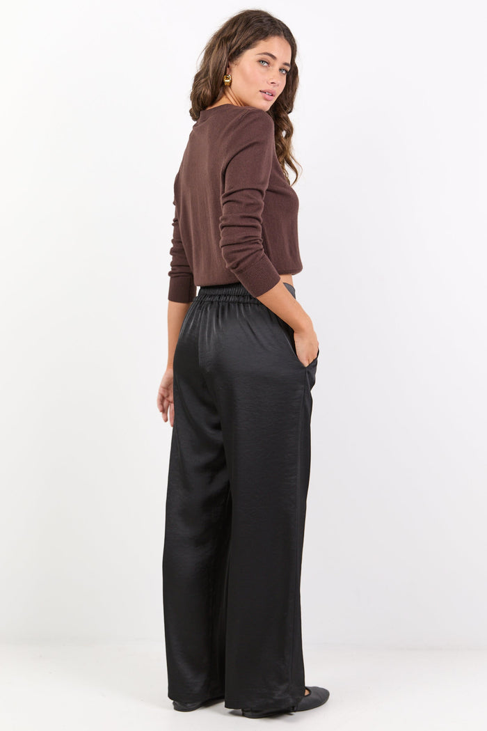 Grandeur Black Satin Elastic Back Wide Leg Pants