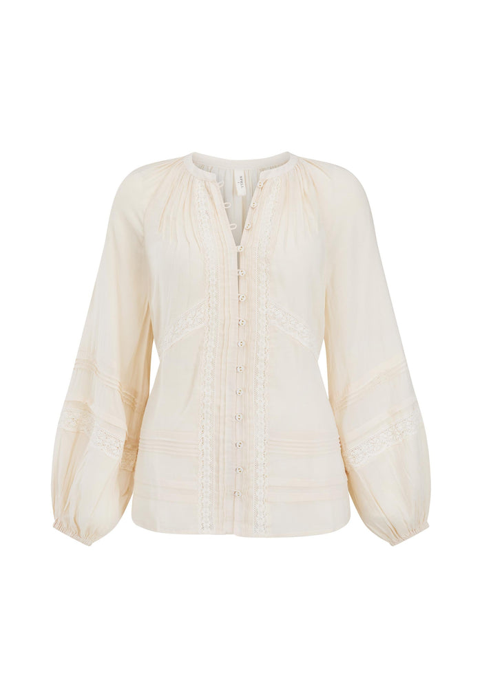 Front flat lay of Hera Lace Blouse in cream showing pintuck detail, lace trim, and button-front opening