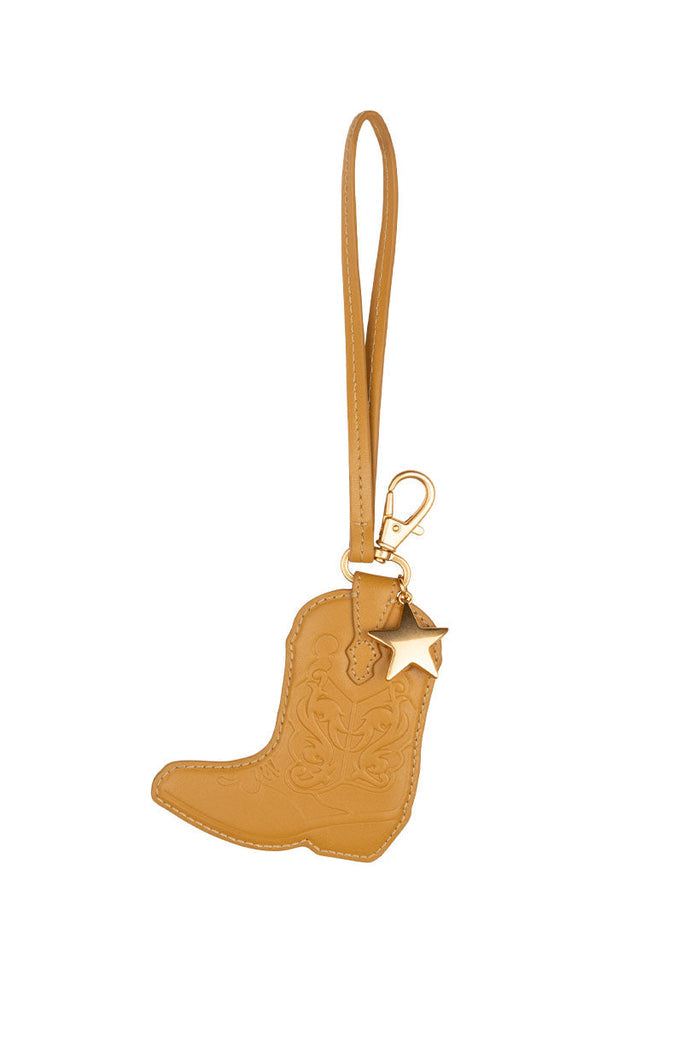 Spell Horizon Boot Leather Key Ring in Mustard with embossed detailing and gold star charm