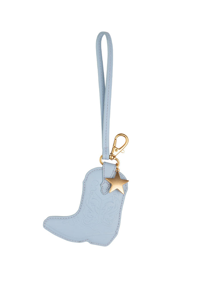 Spell Horizon Boot Leather Key Ring in Sky, deadstock leather cowboy boot charm with gold star and clasp
