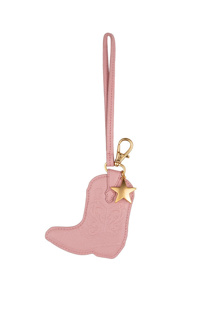Spell Horizon Boot Leather Key Ring in Musk pink with gold star charm and wrist strap
