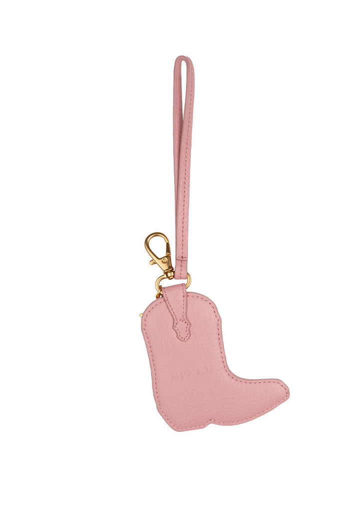 Back view of Horizon Boot Leather Key Ring in Musk pink with gold clasp and wrist strap, white background