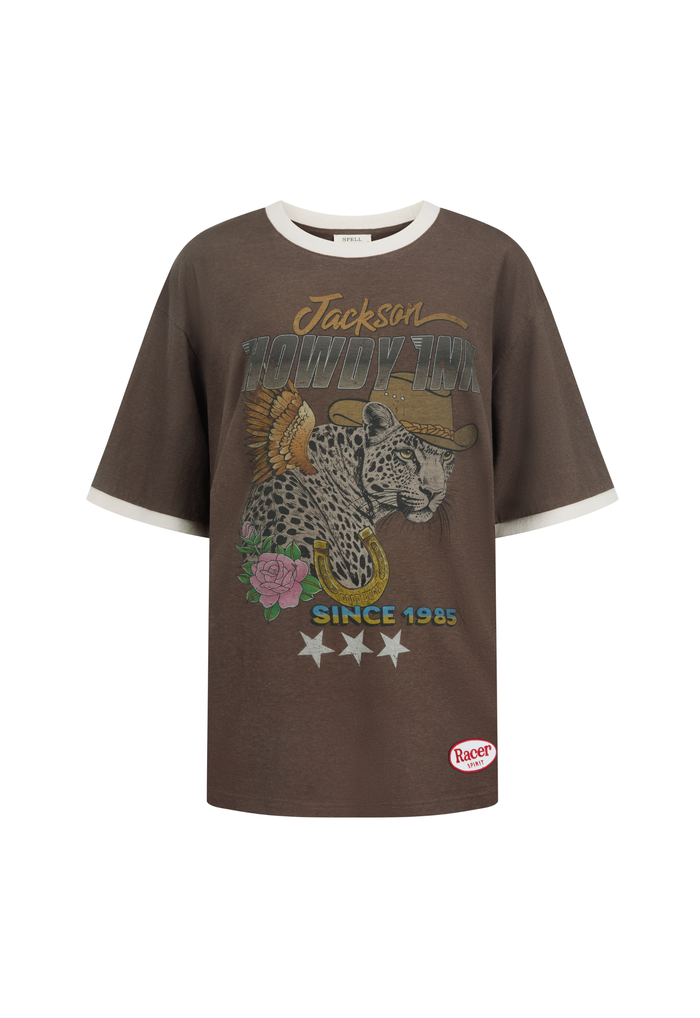 Flat lay front view of Howdy Inn Oversized Tee in Cacao with contrast cream binding and western leopard graphic print