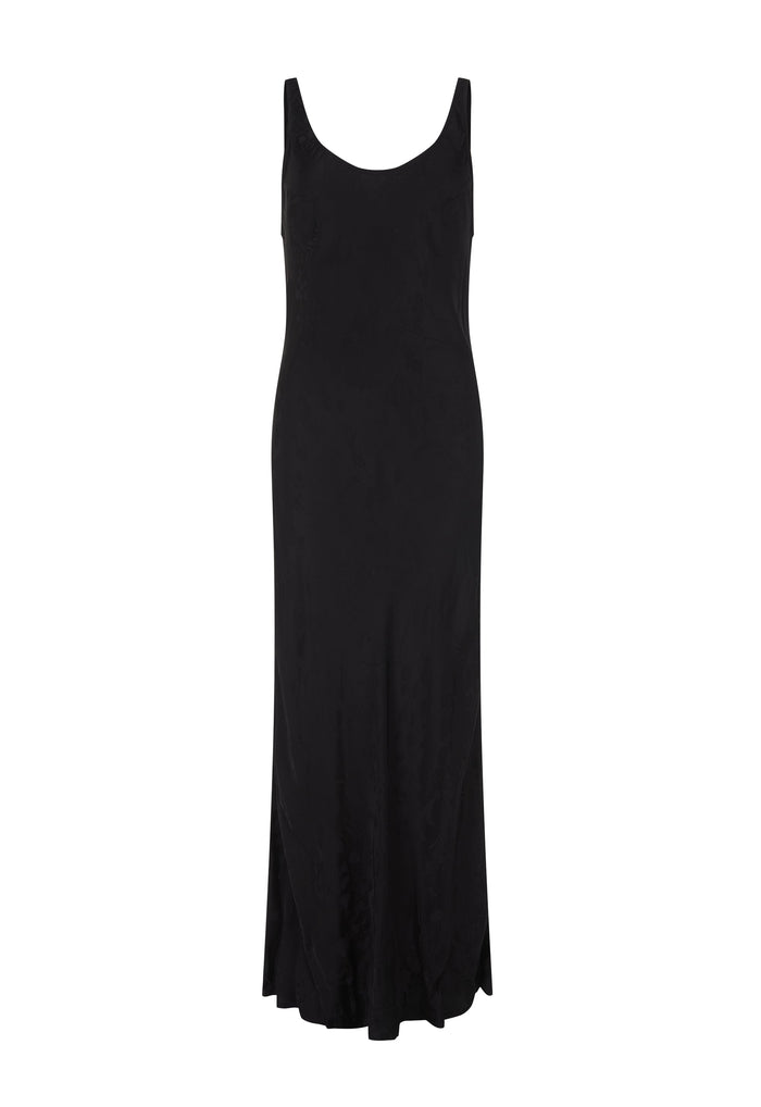 A black sleeveless maxi dress with a scoop neckline, shown flat against a solid white background.