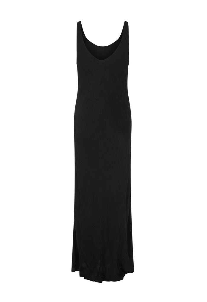 A black sleeveless slip dress with a wide scoop neckline, photographed flat against a solid white background.