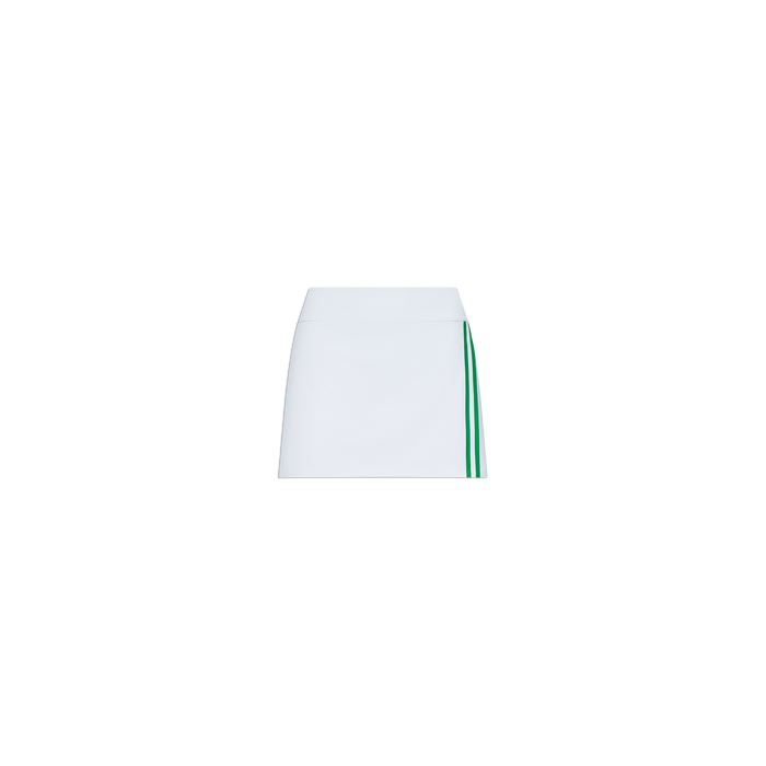 Introducing the Iga Tennis Skort: a white mini wrap skirt designed with two vertical green stripes down one side, made from performance fabric and showcased on a plain white background.