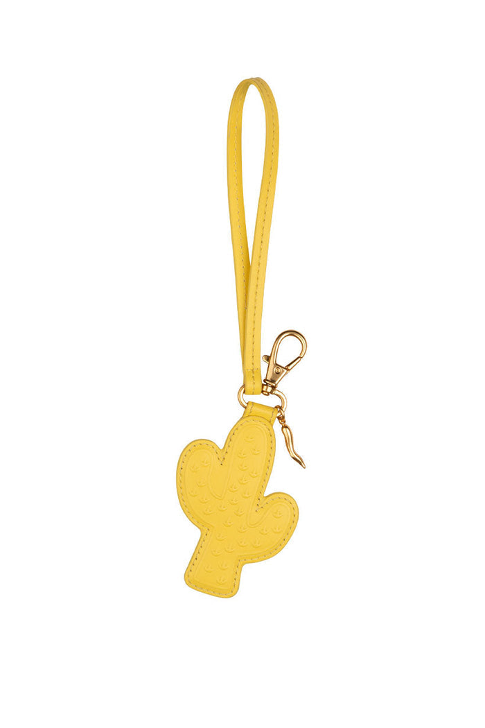 Spell Joshua Tree leather key ring in lemon yellow, cactus shape with gold clasp and wrist strap