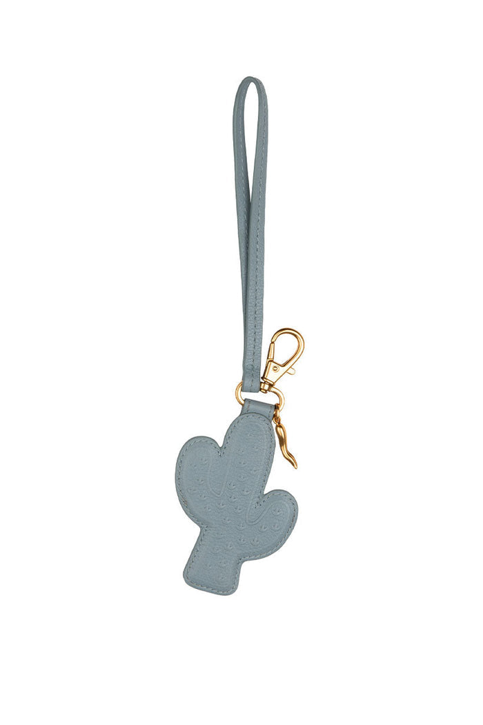 Spell Joshua Tree Leather Key Ring in Dusty Blue, cactus-shaped deadstock leather charm with gold clasp