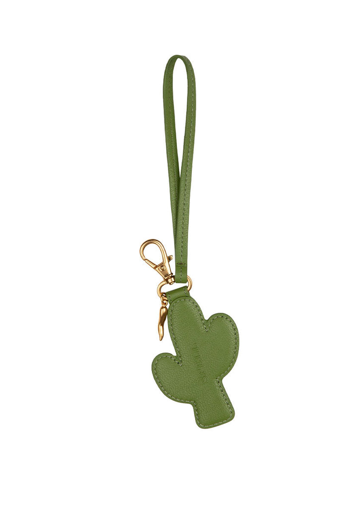Back view of Joshua Tree deadstock leather cactus key ring in desert green with gold clasp and wrist strap