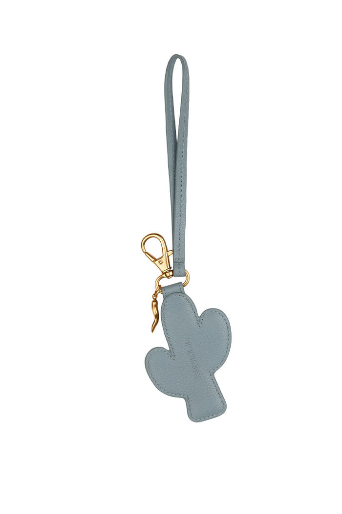 Back view of Joshua Tree deadstock leather key ring in dusty blue with gold clasp and wrist strap