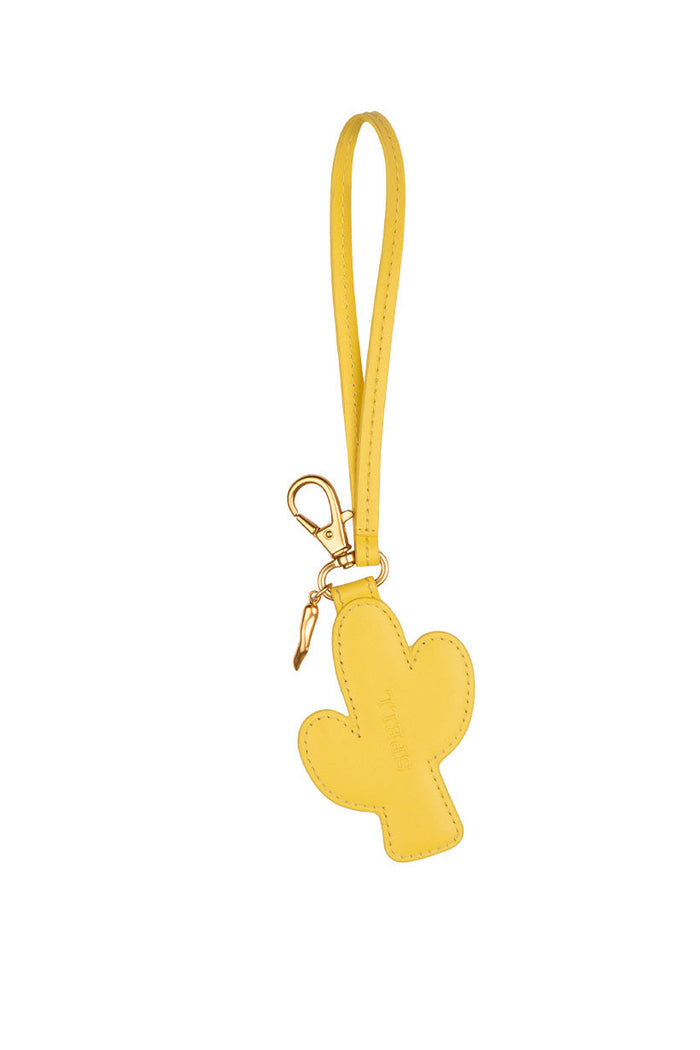 Back view of lemon yellow deadstock leather cactus key ring charm with gold clasp and wrist strap