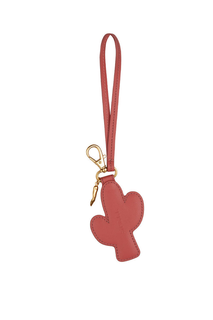 Back view of Joshua Tree deadstock leather key ring in Smokey Chilli with gold clasp and wrist strap