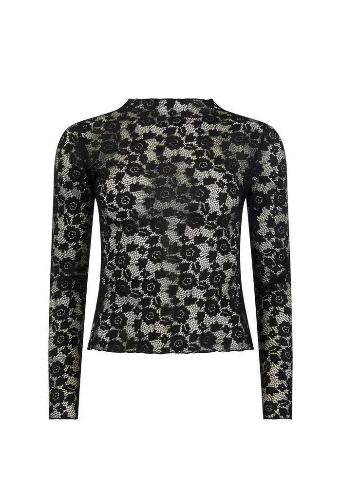 Juliette Lace Top in Onyx, front flat lay — black floral lace, high neck, long sleeve, fitted silhouette
