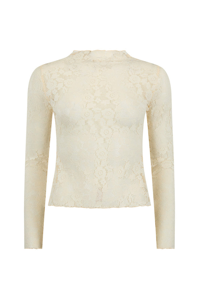 Juliette Lace Top front flat lay, vintage cream floral lace, high neck, long sleeves, fitted silhouette, white background