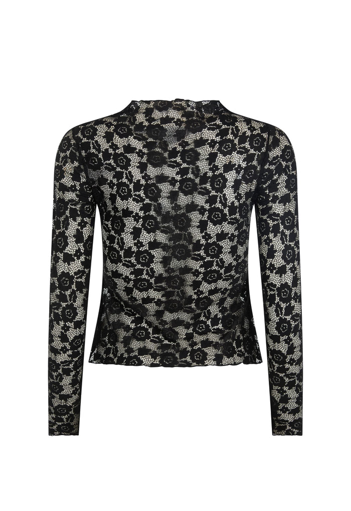 Juliette Lace Top in Onyx, back flat lay on white — floral lace, high neck, long sleeves, fitted silhouette