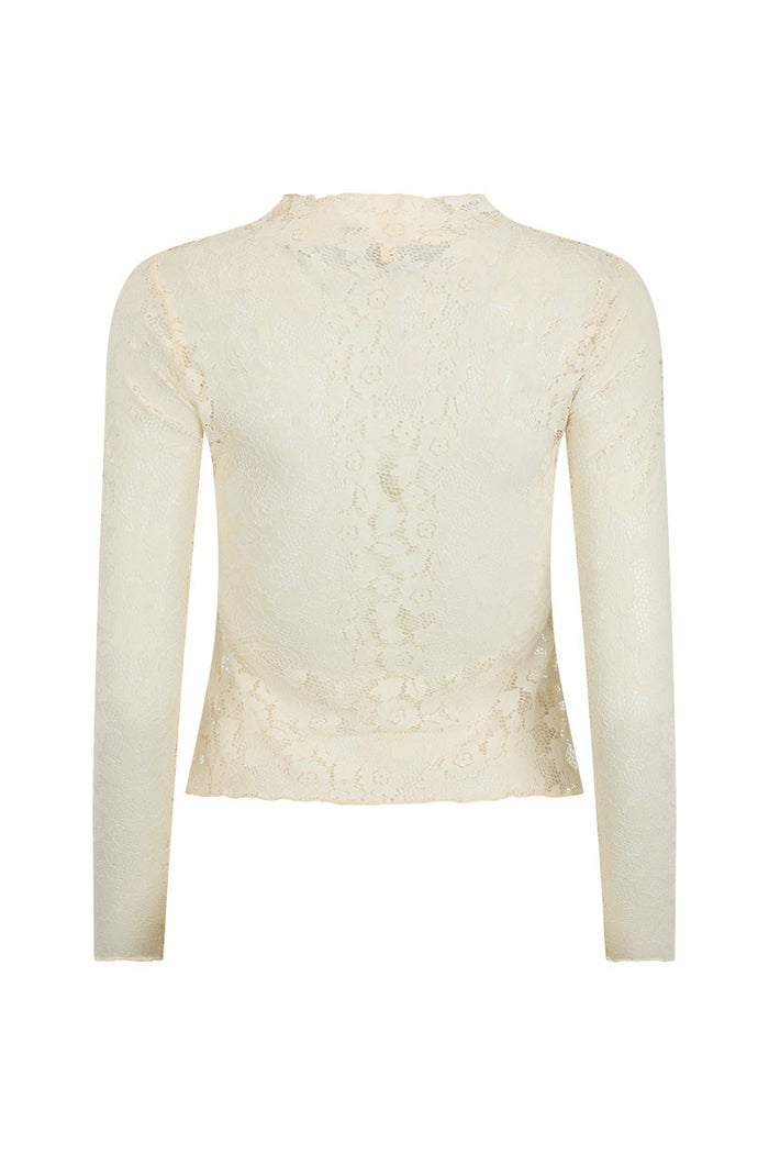 Back flat lay of cream lace long-sleeve top showing floral lace pattern, high neck, and scalloped hem edge