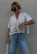 Spell women's Kala Short Sleeve Blouse White Lily organic cotton linen lace-hem cropped top