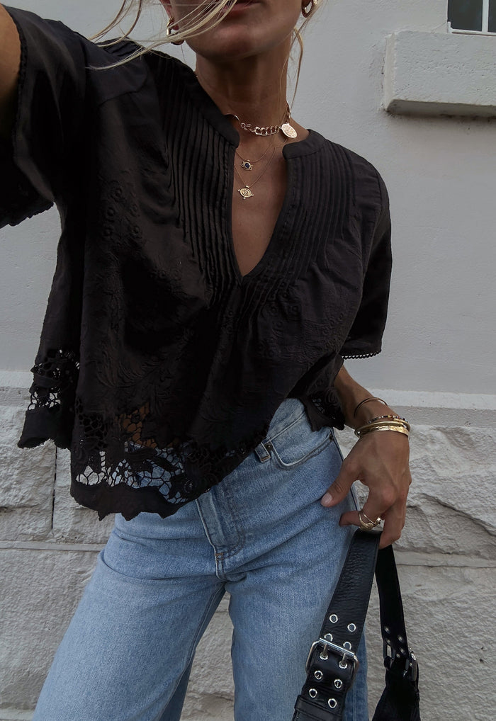 Spell women's Kala Short Sleeve Blouse black organic cotton linen blend with lace hem and pintuck detail