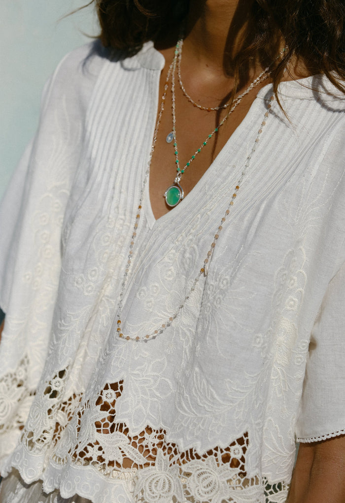 Close-up of white embroidered organic cotton-linen blouse showing pintuck detail, V-neck, and crochet lace hem trim