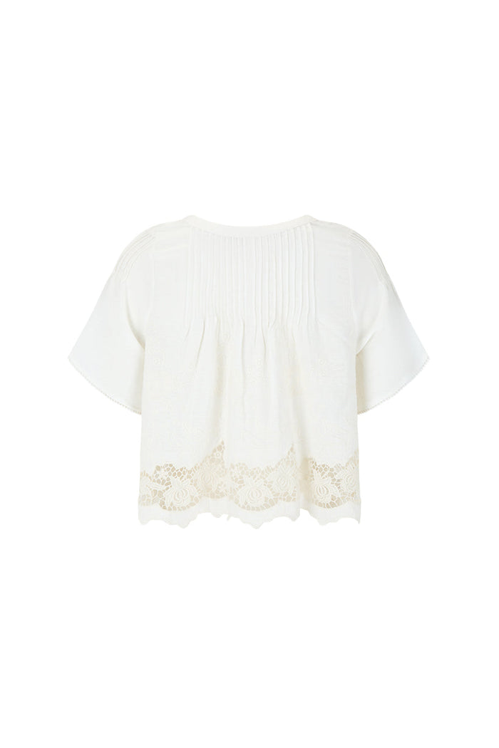 Back flat lay of Kala blouse in white, showing pintuck detail and floral lace hem trim on white background