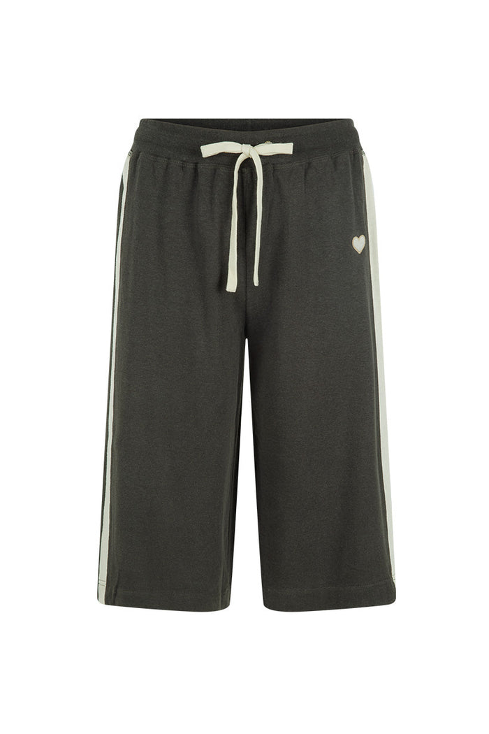 Kansas Track Crop Pant charcoal hemp organic cotton flat lay, contrast side stripe, drawstring waist, heart embroidery