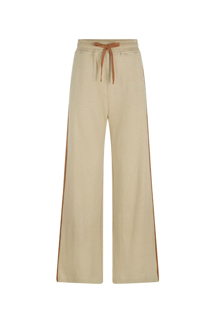 Kansas Track Flare Pant in Stone flat lay, front view, contrast side stripe and drawstring waist, hemp organic cotton