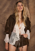 Spell women's Labyrinth Lace Blouse in Cloud Cream, recycled lace with front ties and ruffle detail