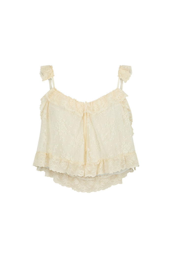 Cloud cream lace cami laid flat, front view showing tiered lace-trim hem, front neck tie, and lace-trim adjustable straps